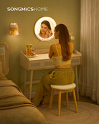 SONGMICS Masuta de toaleta cu oglinda iluminata LED, 3 sertare aspect ratan, stil boho, MDF si lemn, 88x43x82 cm, bej