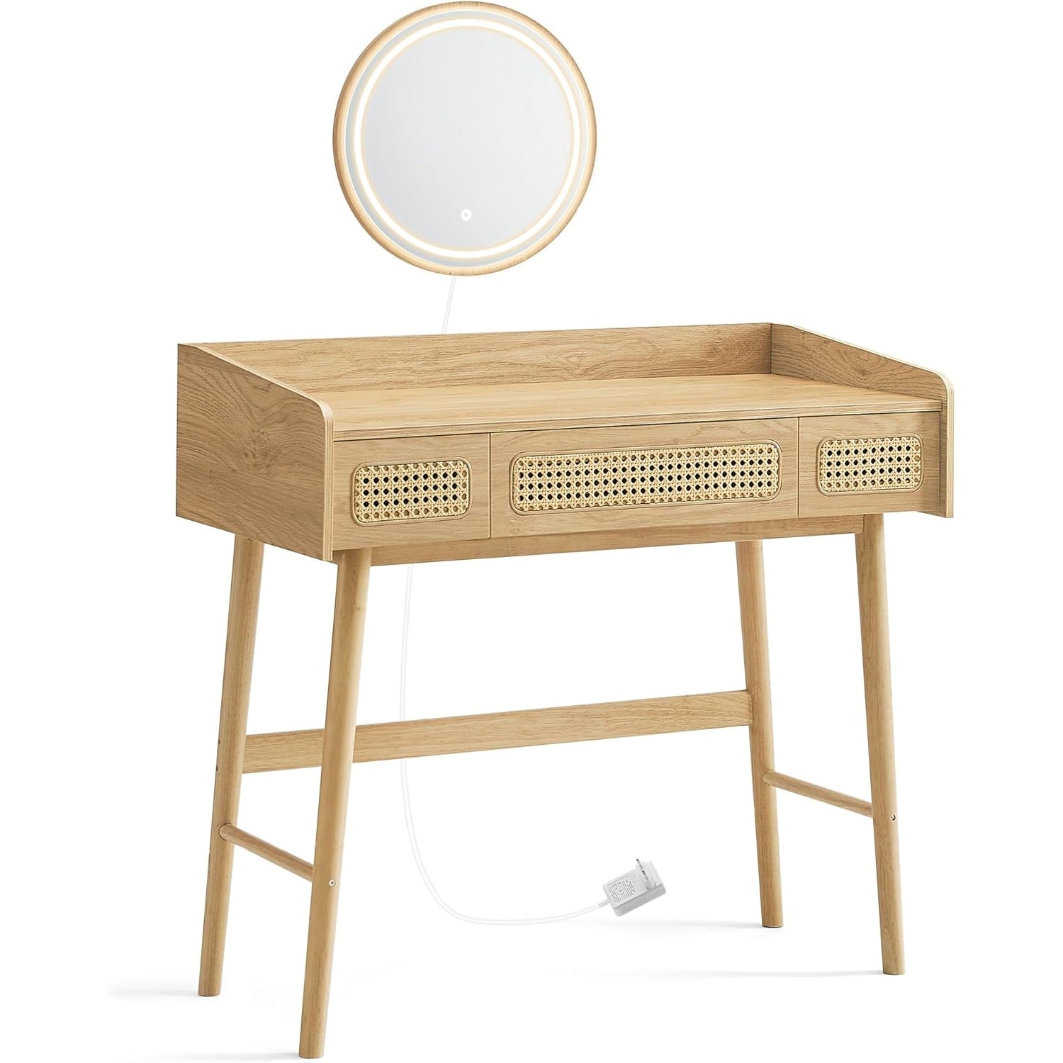 SONGMICS Masuta de toaleta cu oglinda iluminata LED, 3 sertare aspect ratan, stil boho, MDF si lemn, 88x43x82 cm, bej