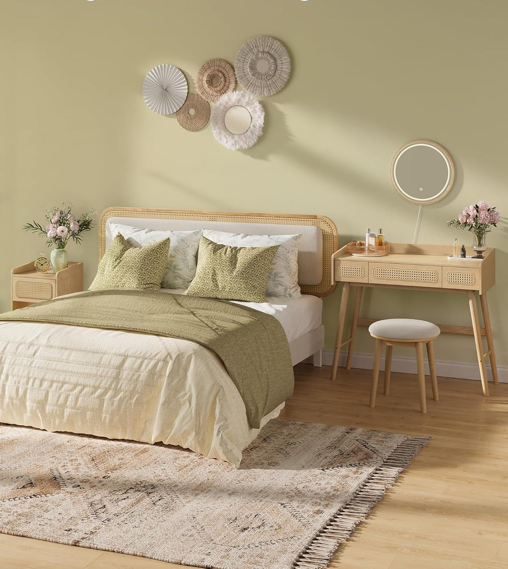 SONGMICS Masuta de toaleta cu oglinda iluminata LED, 3 sertare aspect ratan, stil boho, MDF si lemn, 88x43x82 cm, bej