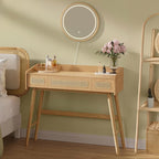 SONGMICS Masuta de toaleta cu oglinda iluminata LED, 3 sertare aspect ratan, stil boho, MDF si lemn, 88x43x82 cm, bej