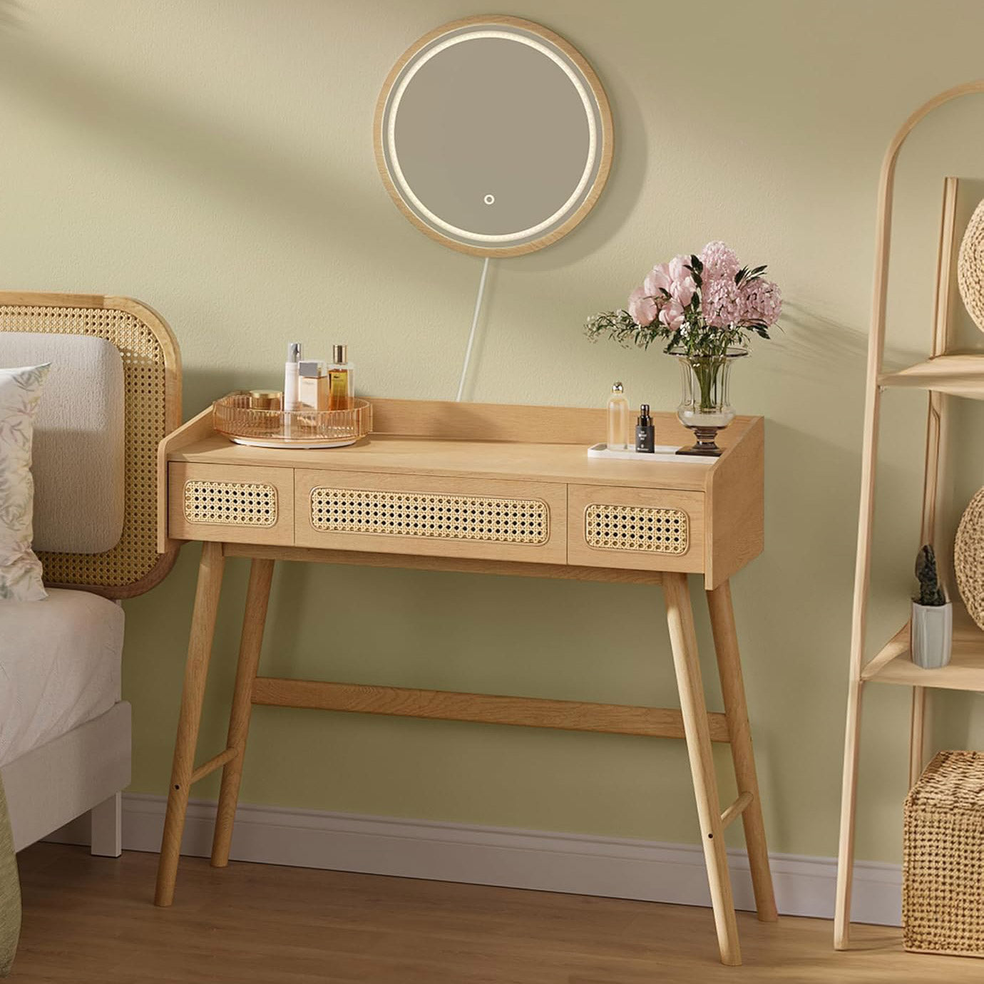 SONGMICS Masuta de toaleta cu oglinda iluminata LED, 3 sertare aspect ratan, stil boho, MDF si lemn, 88x43x82 cm, bej