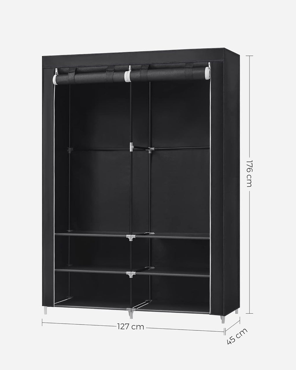 SONGMICS Dulap textil garderoba, 2 compartimente haine cu rafturi, cadru metalic, 127x45x176 cm, negru