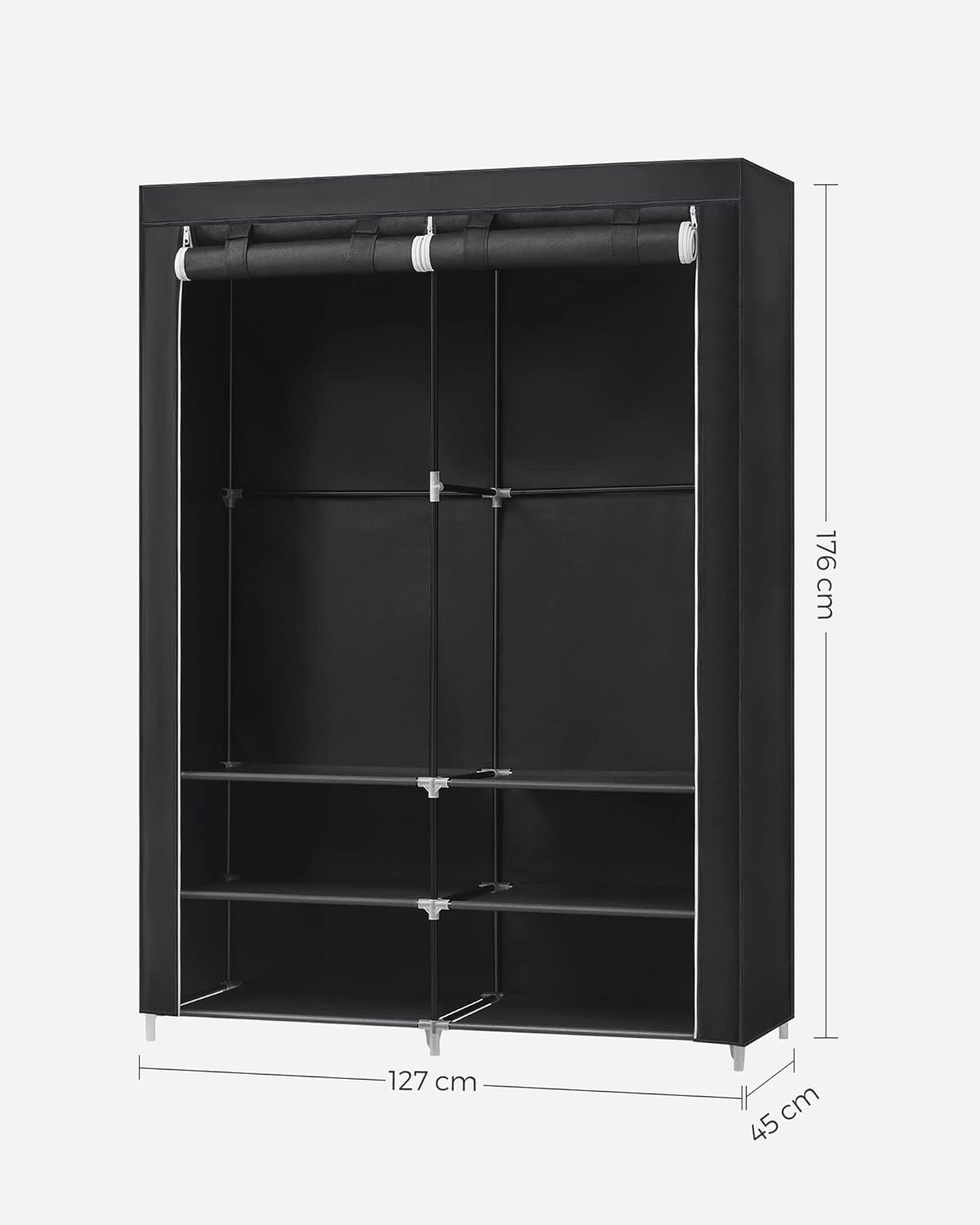 SONGMICS Dulap textil garderoba, 2 compartimente haine cu rafturi, cadru metalic, 127x45x176 cm, negru