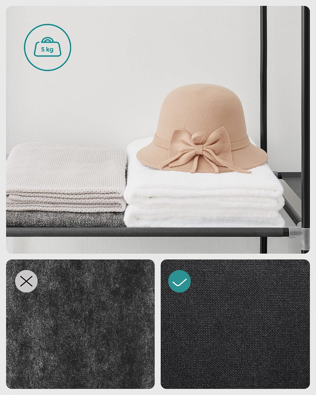 SONGMICS Dulap textil garderoba, 2 compartimente haine cu rafturi, cadru metalic, 127x45x176 cm, negru