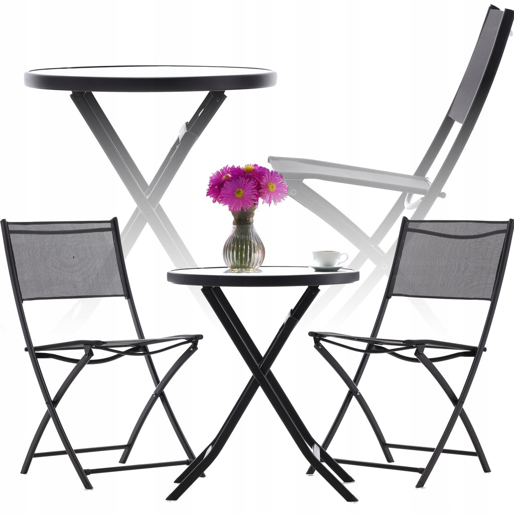Set mobilier balcon pliabil cu masa sticla si 2 scaune, structura metalica, 60x70 cm, negru