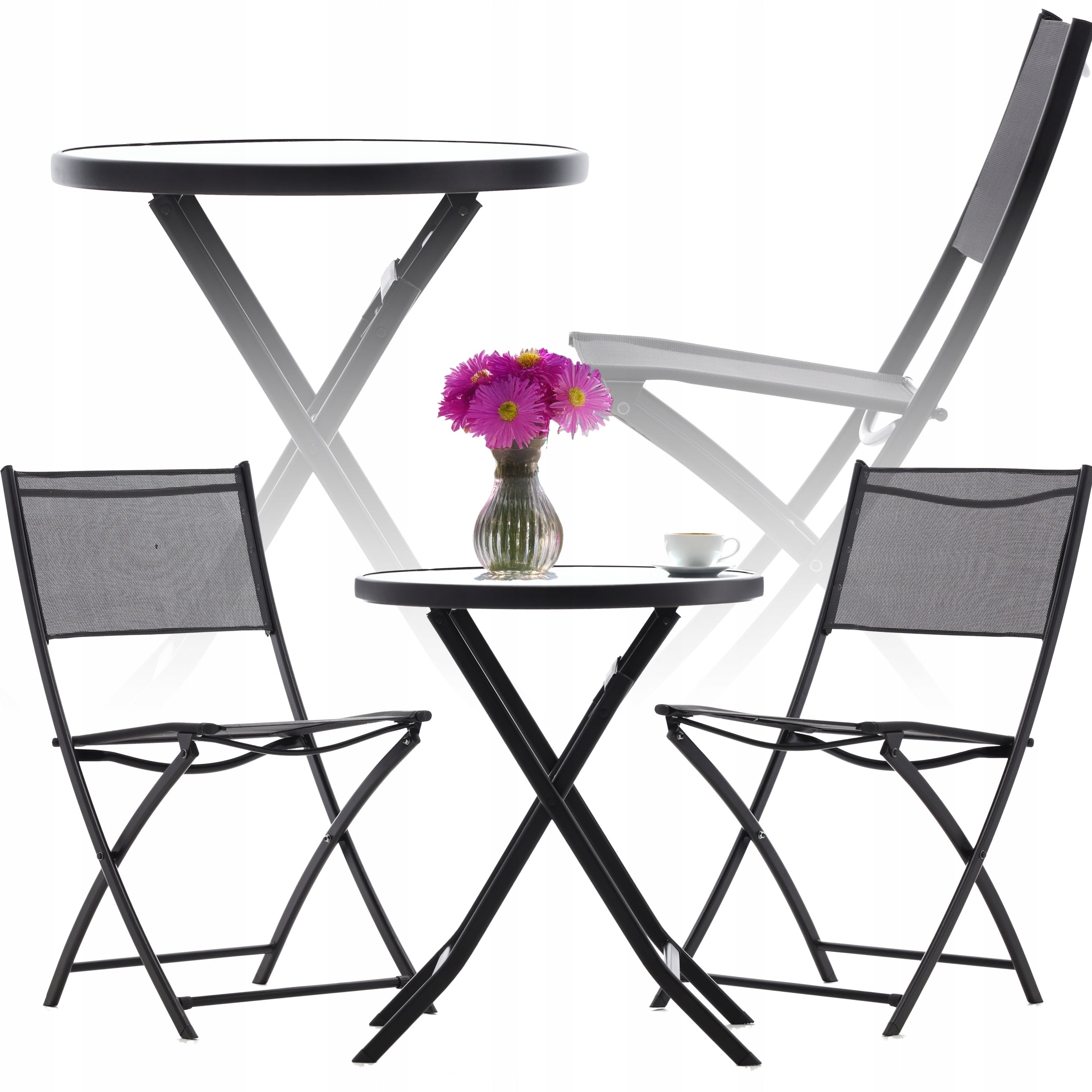 Set mobilier balcon pliabil cu masa sticla si 2 scaune, structura metalica, 60x70 cm, negru
