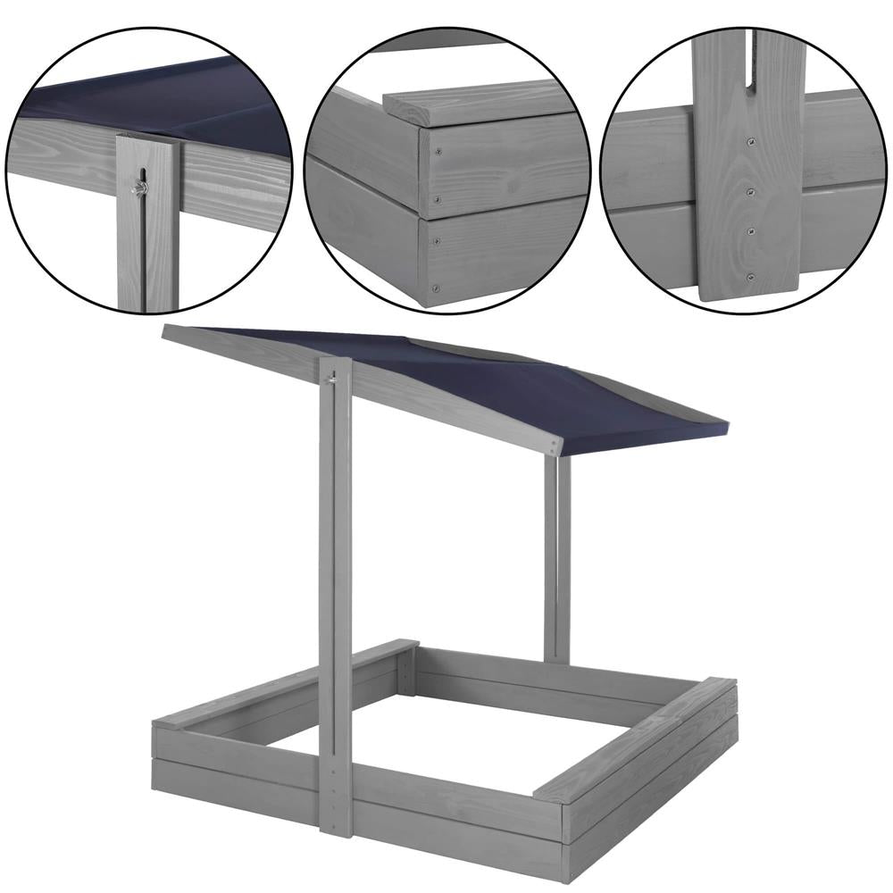 Lada nisip din lemn cu acoperis reglabil si capac, pliabila, 120x120x120 cm, gri