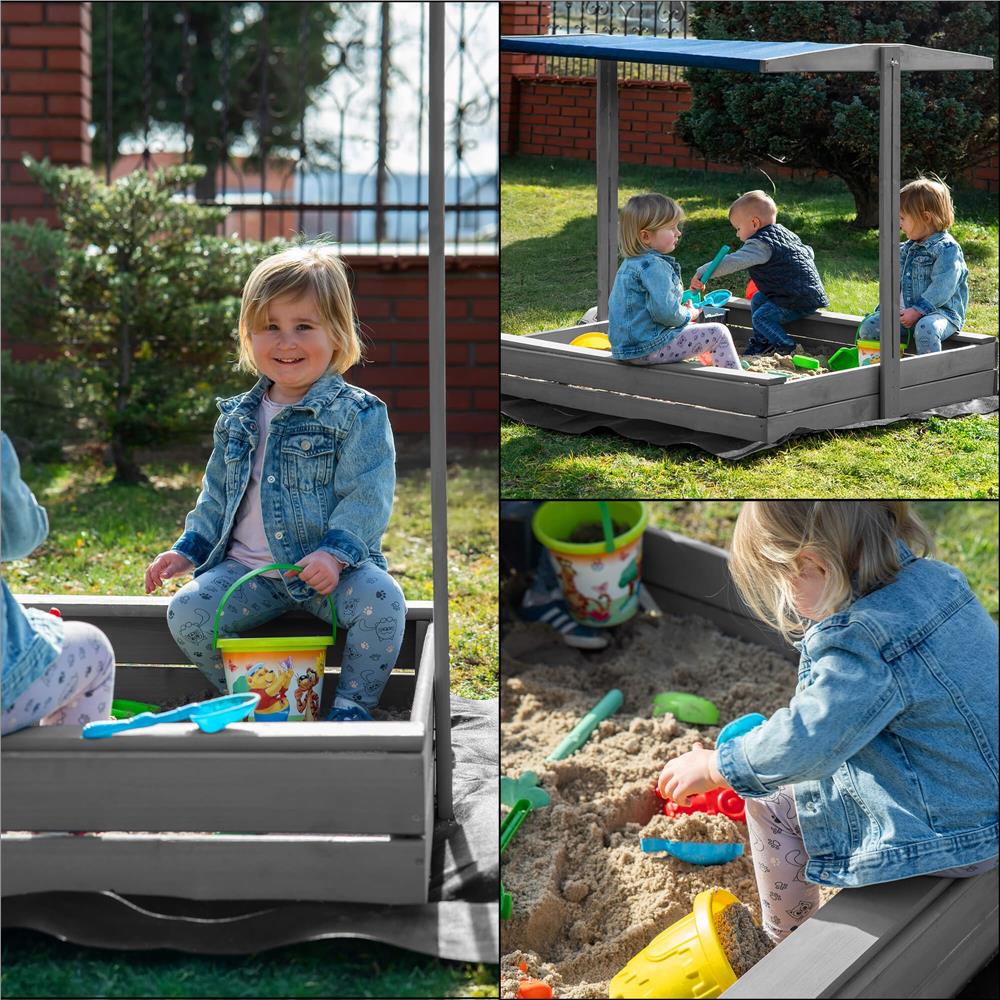 Lada nisip din lemn cu acoperis reglabil si capac, pliabila, 120x120x120 cm, gri