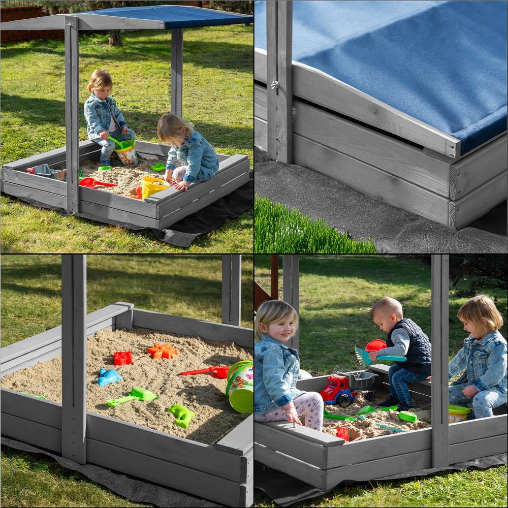 Lada nisip din lemn cu acoperis reglabil si capac, pliabila, 120x120x120 cm, gri