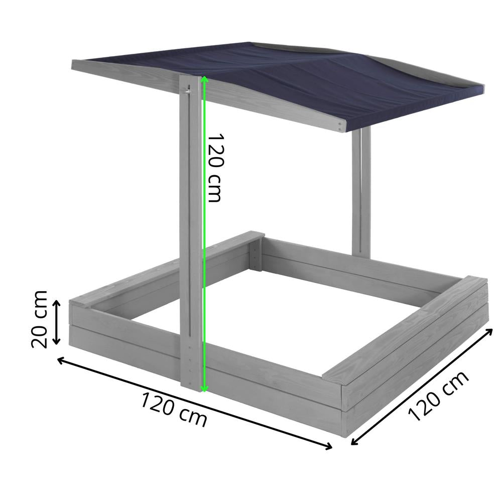 Lada nisip din lemn cu acoperis reglabil si capac, pliabila, 120x120x120 cm, gri