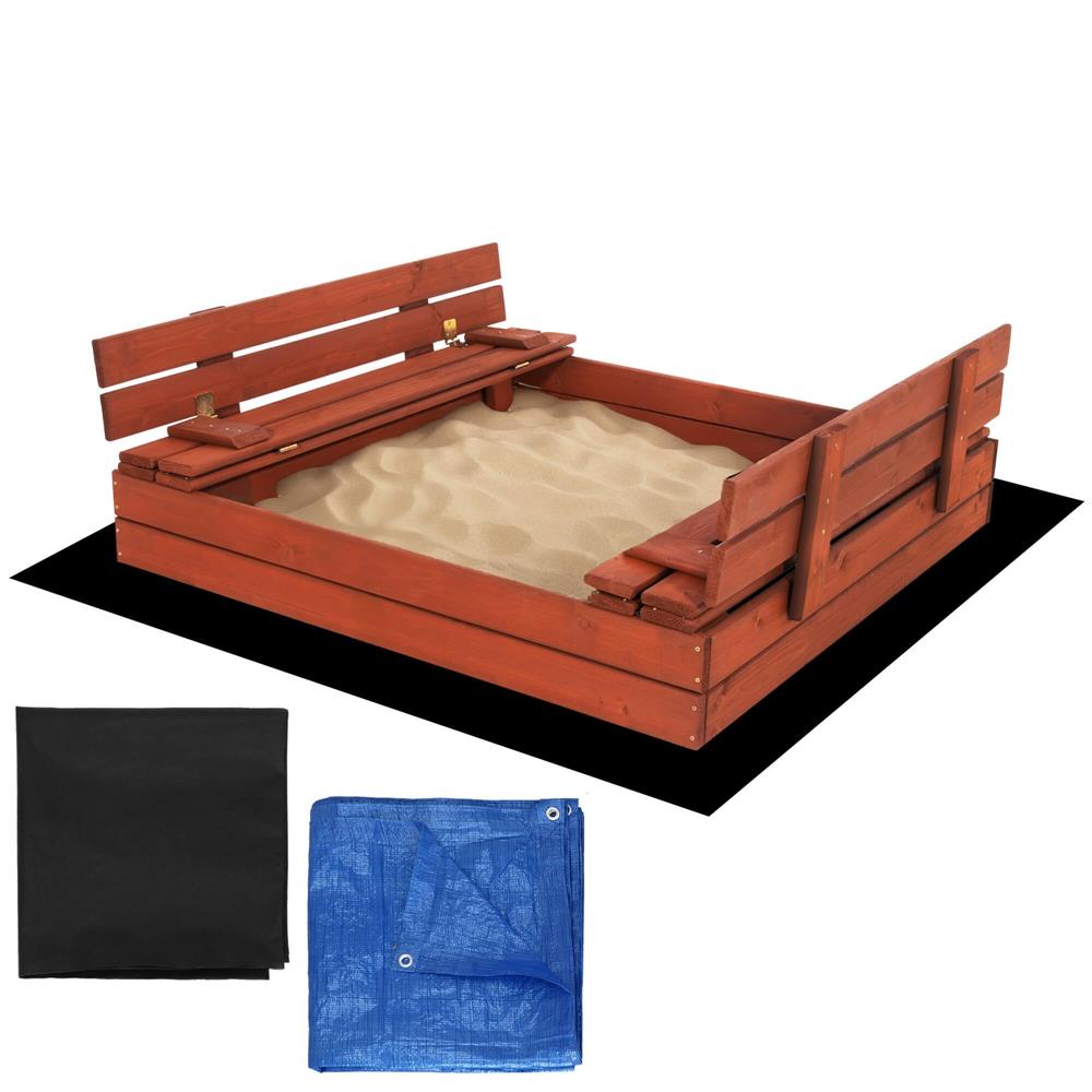 Lada nisip din lemn pliabila cu capac si bancute, 120x120x41 cm, maro