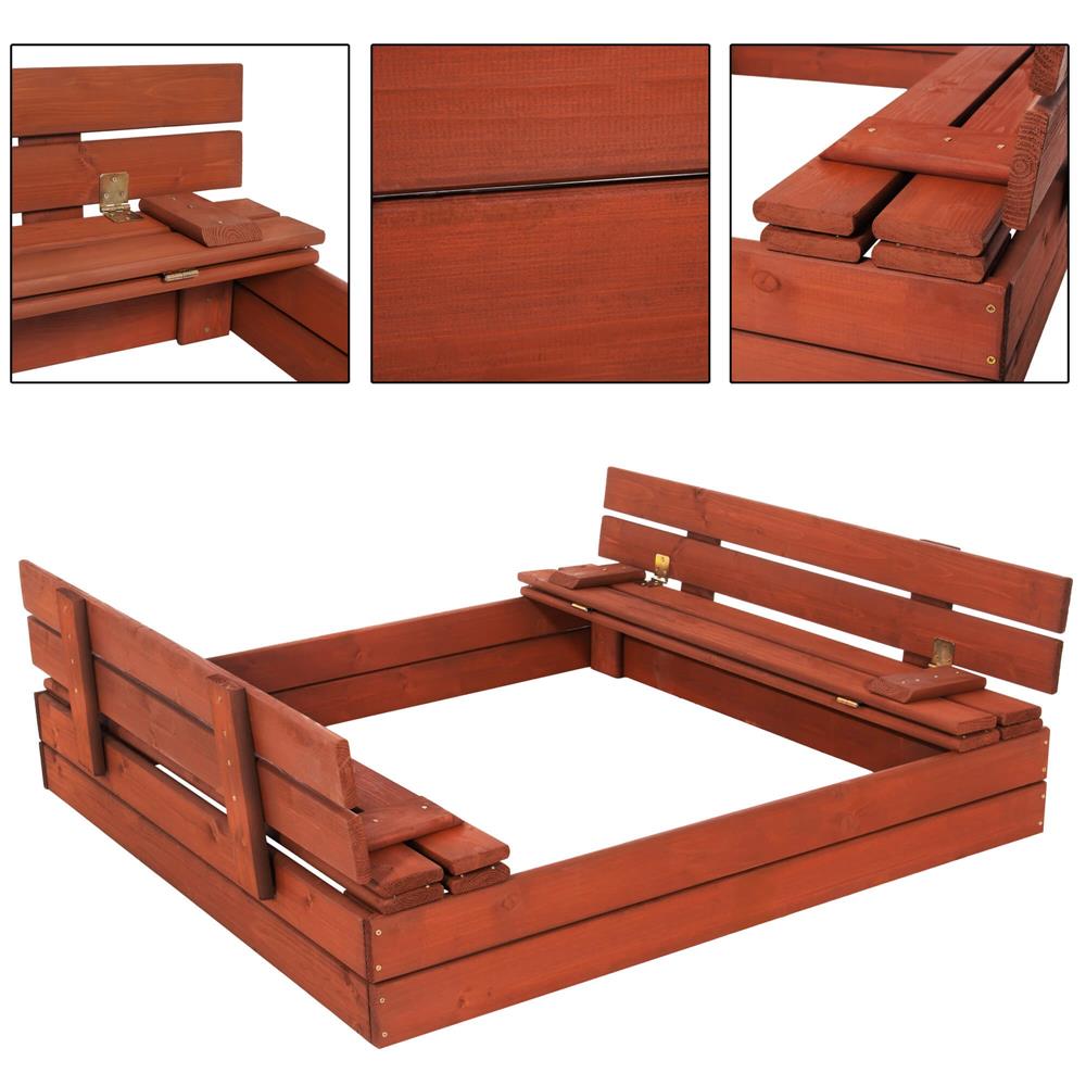 Lada nisip din lemn pliabila cu capac si bancute, 120x120x41 cm, maro