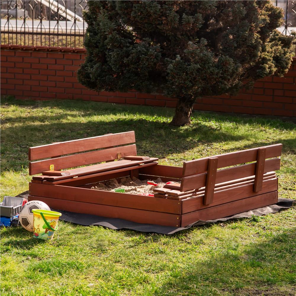 Lada nisip din lemn pliabila cu capac si bancute, 120x120x41 cm, maro