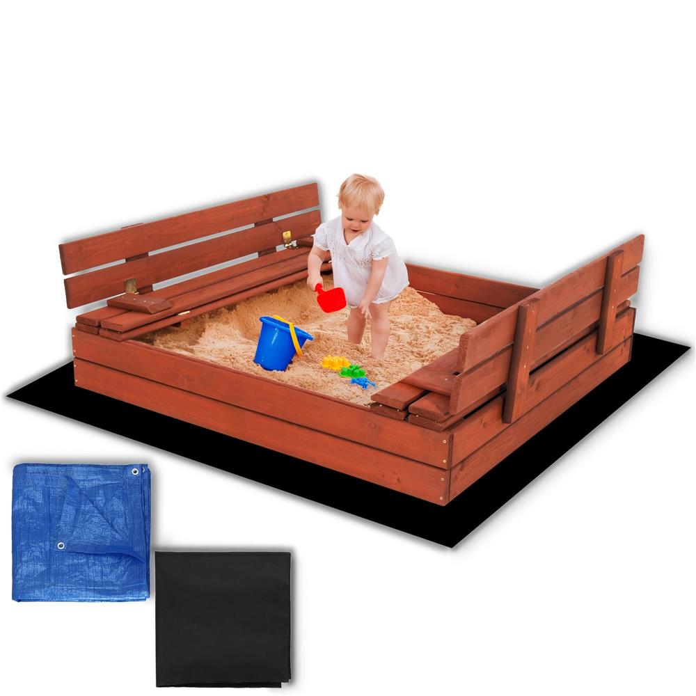 Lada nisip din lemn pliabila cu capac si bancute, 120x120x41 cm, maro