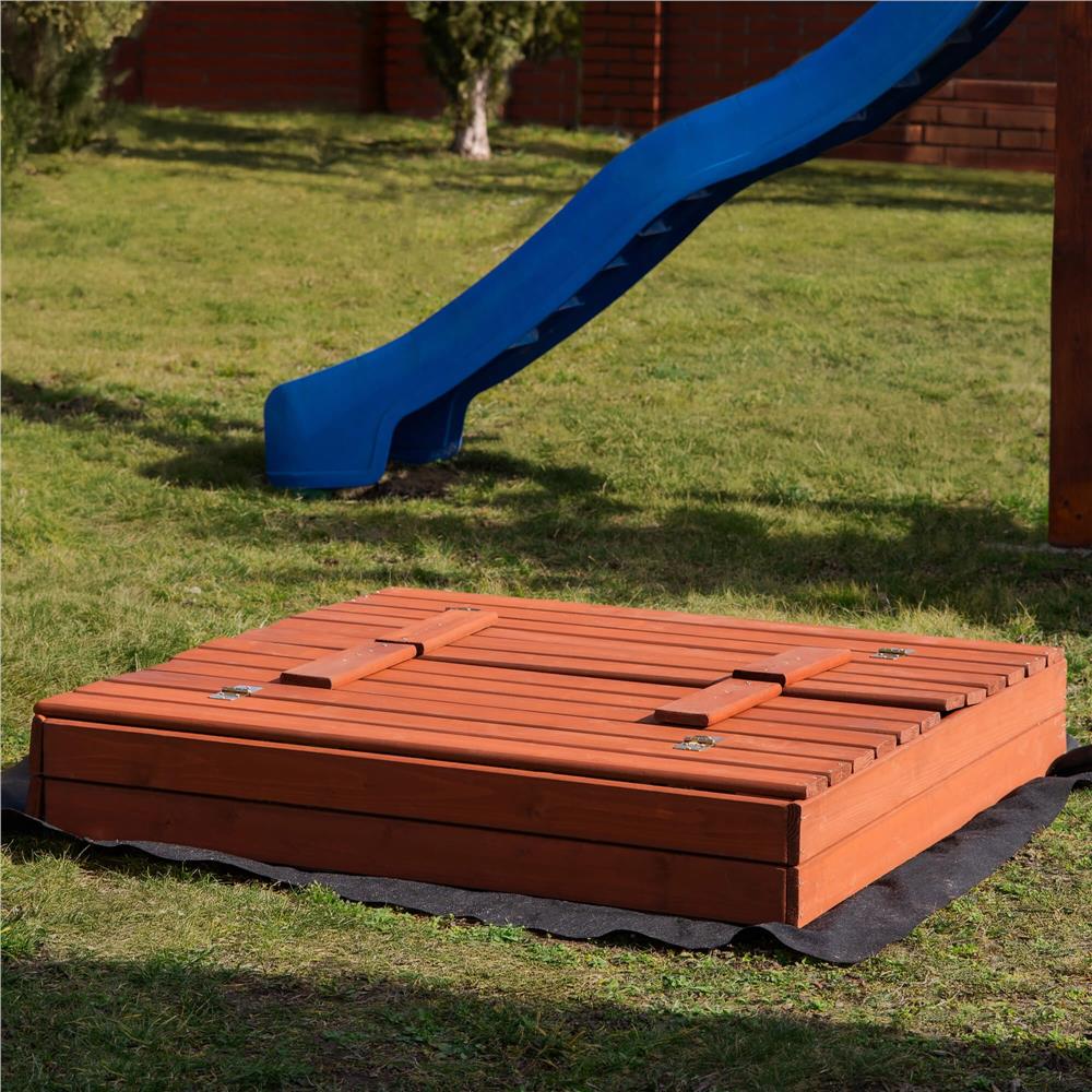 Lada nisip din lemn pliabila cu capac si bancute, 120x120x41 cm, maro