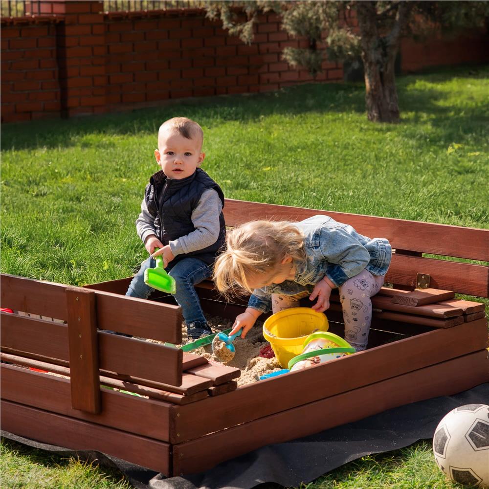 Lada nisip din lemn pliabila cu capac si bancute, 120x120x41 cm, maro