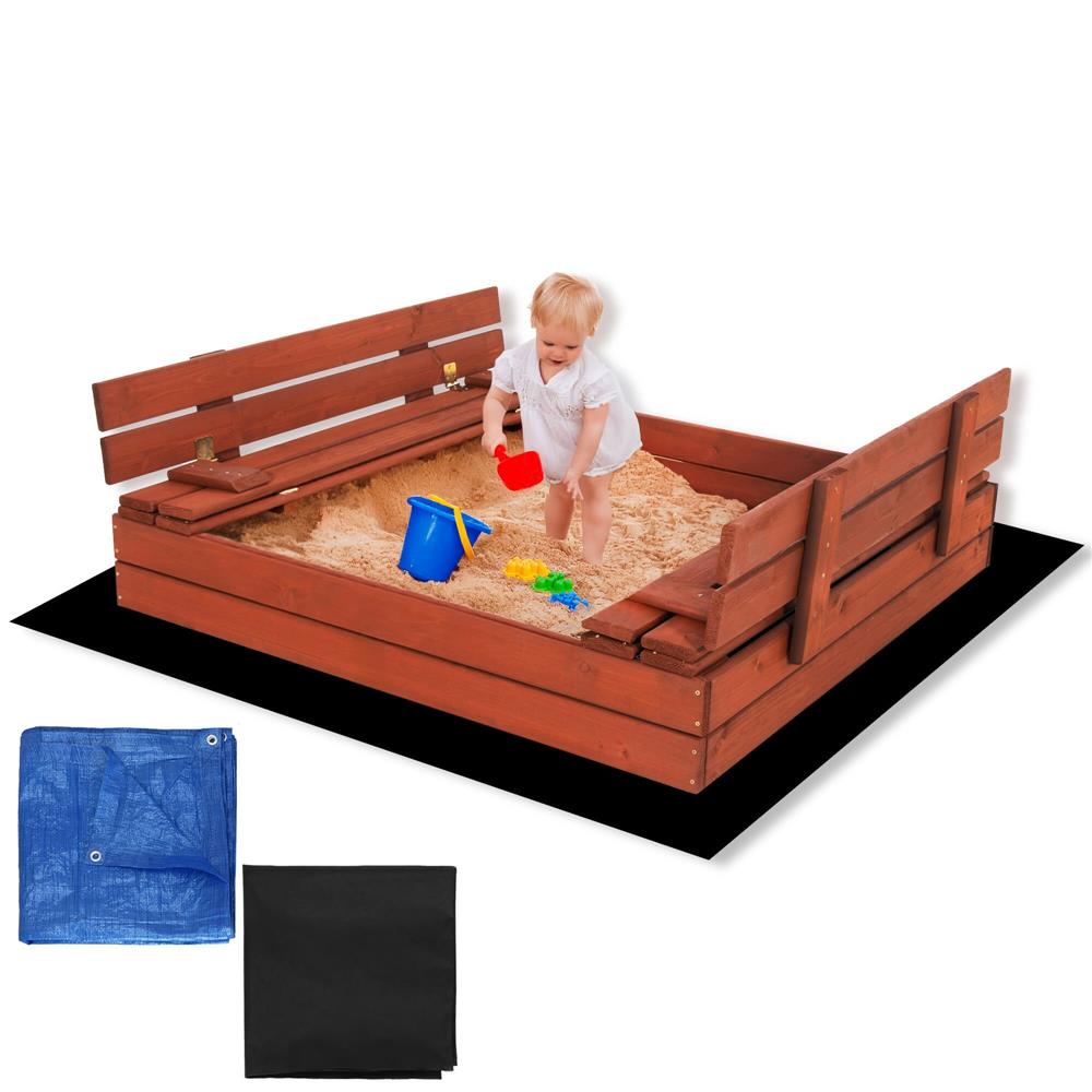 Lada nisip din lemn pliabila cu capac si bancute, 120x120x41 cm, maro
