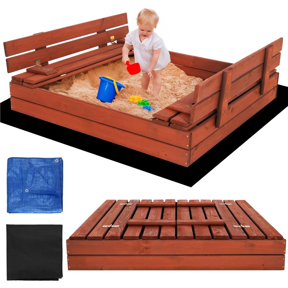 Lada nisip din lemn pliabila cu capac si bancute, 120x120x41 cm, maro