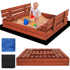 Lada nisip din lemn pliabila cu capac si bancute, 120x120x41 cm, maro