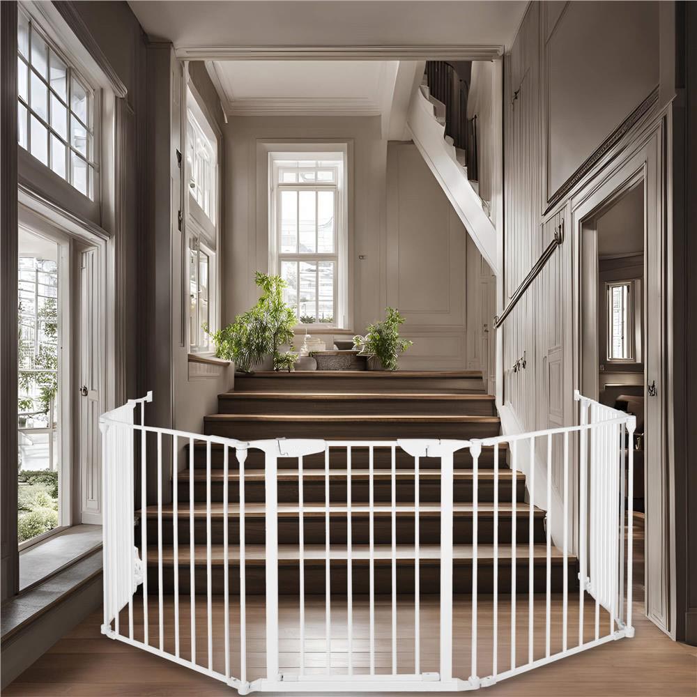 Bariera de protectie pentru copii, 318x75 cm, alba – 5 panouri, poarta cu blocare, montaj pe perete