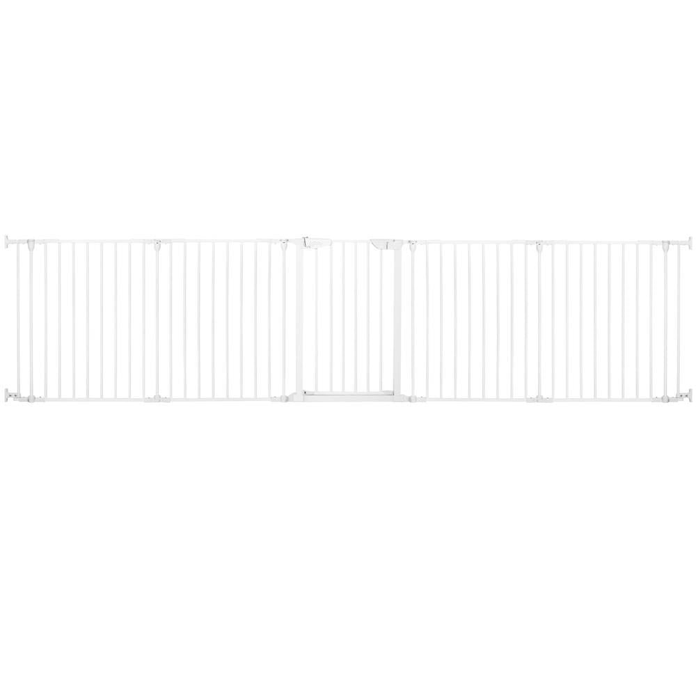 Bariera de protectie pentru copii, 318x75 cm, alba – 5 panouri, poarta cu blocare, montaj pe perete