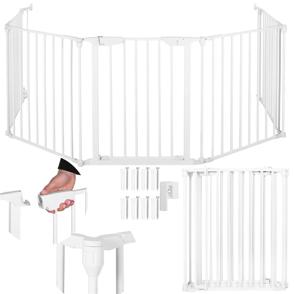 Bariera de protectie pentru copii, 318x75 cm, alba – 5 panouri, poarta cu blocare, montaj pe perete