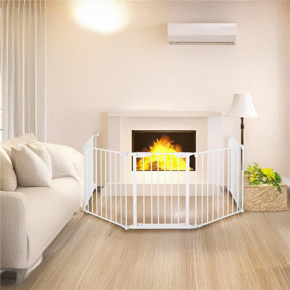 Bariera de protectie pentru copii, 318x75 cm, alba – 5 panouri, poarta cu blocare, montaj pe perete