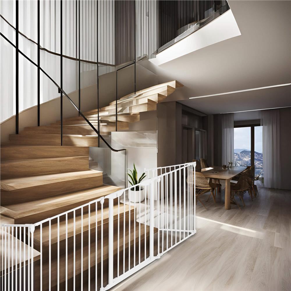 Bariera de protectie pentru copii, 318x75 cm, alba – 5 panouri, poarta cu blocare, montaj pe perete