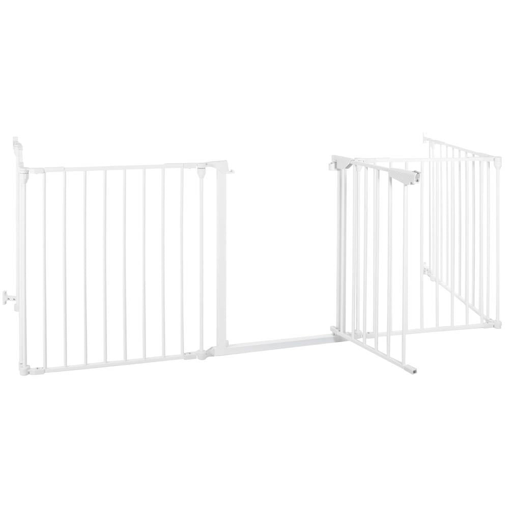 Bariera de protectie pentru copii, 318x75 cm, alba – 5 panouri, poarta cu blocare, montaj pe perete