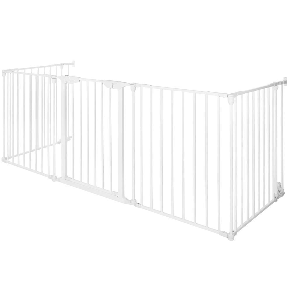 Bariera de protectie pentru copii, 318x75 cm, alba – 5 panouri, poarta cu blocare, montaj pe perete