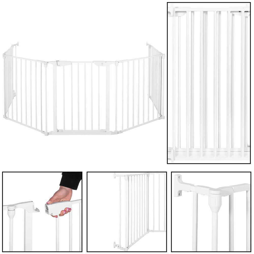 Bariera de protectie pentru copii, 318x75 cm, alba – 5 panouri, poarta cu blocare, montaj pe perete