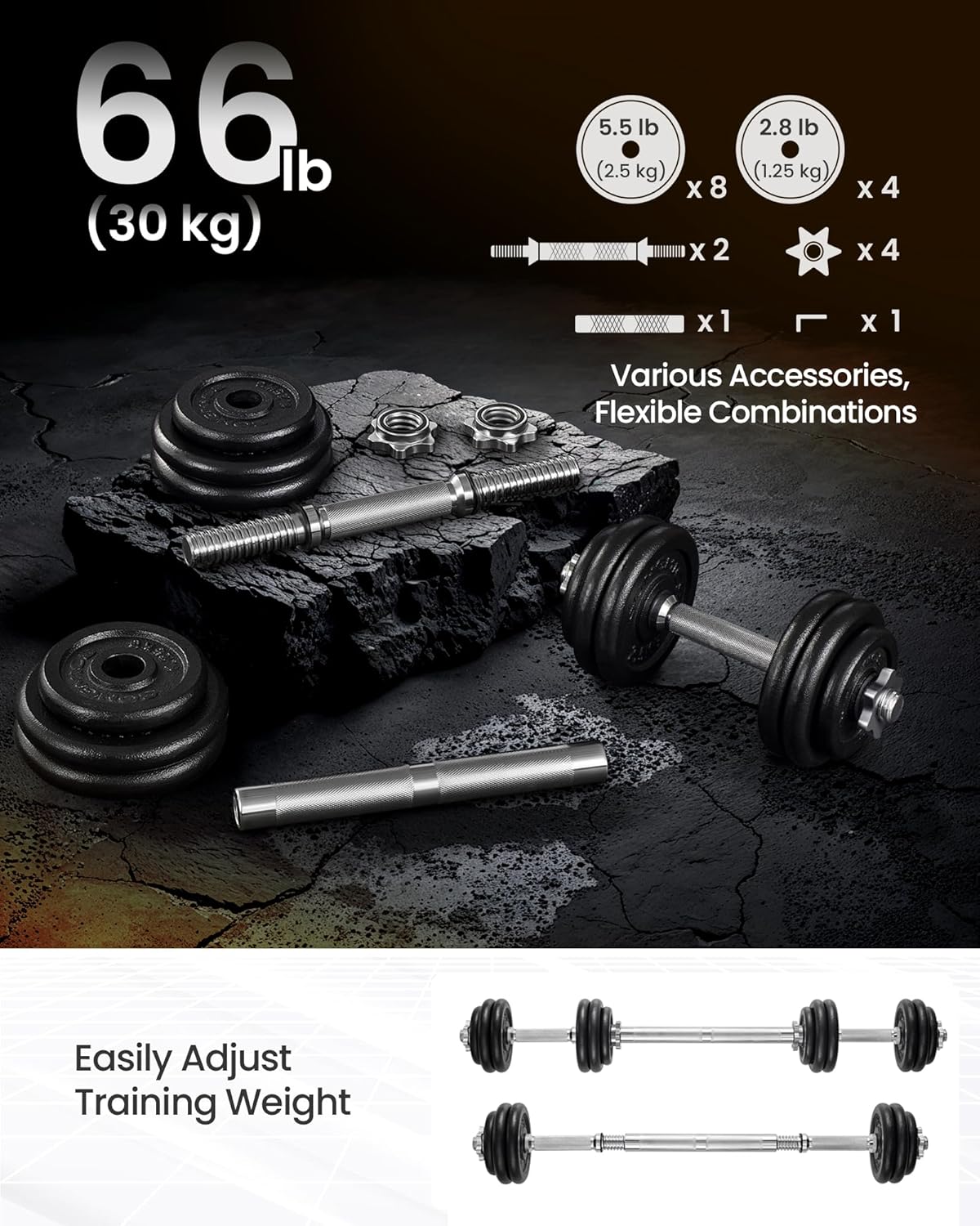 SONGMICS Set gantere reglabile 30 kg din fonta, 12 discuri, cu bara extensibila