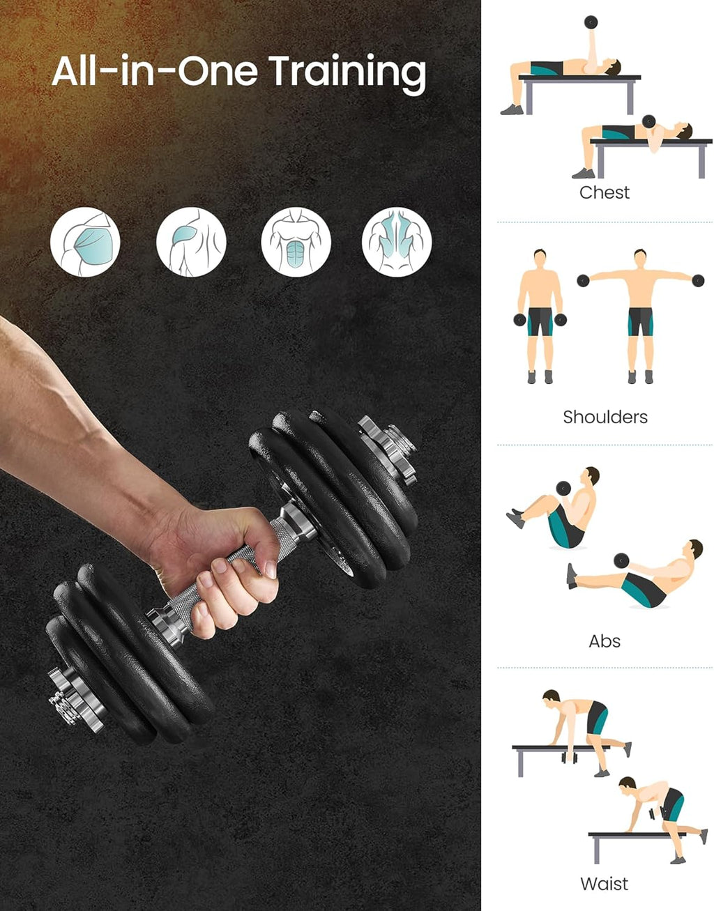 SONGMICS Set gantere reglabile 30 kg din fonta, 12 discuri, cu bara extensibila