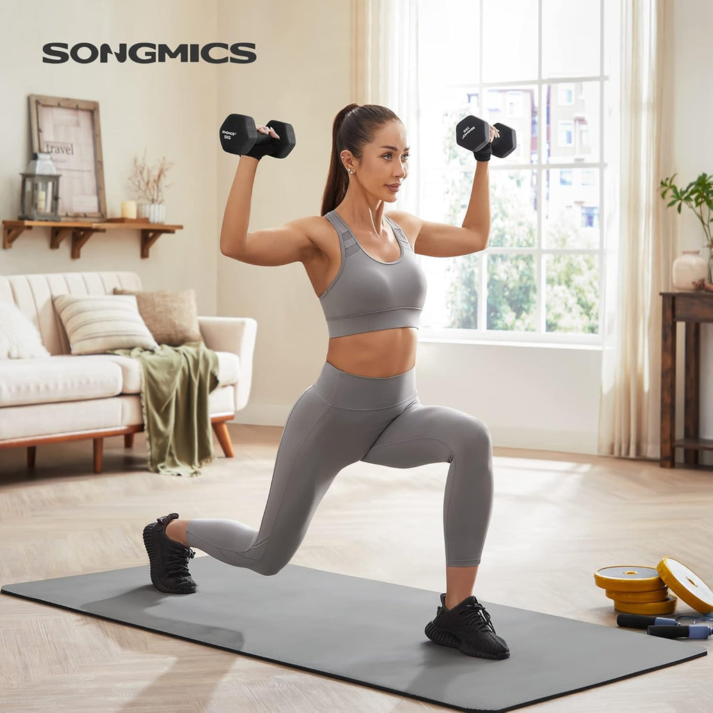 SONGMICS Set gantere hexagonale 2x5 kg, fonta cu invelis neopren, maner ergonomic antialunecare, negru