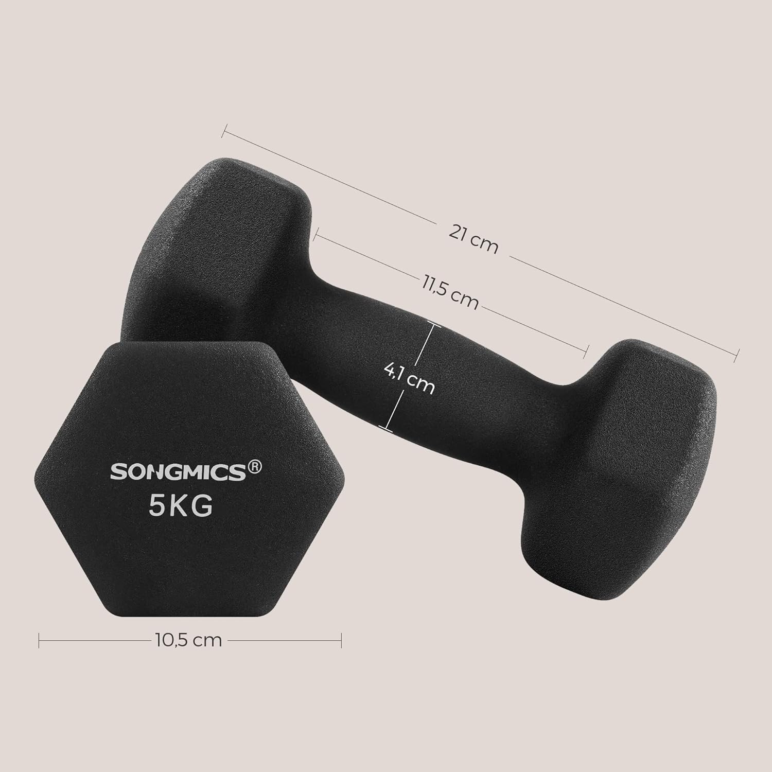 SONGMICS Set gantere hexagonale 2x5 kg, fonta cu invelis neopren, maner ergonomic antialunecare, negru