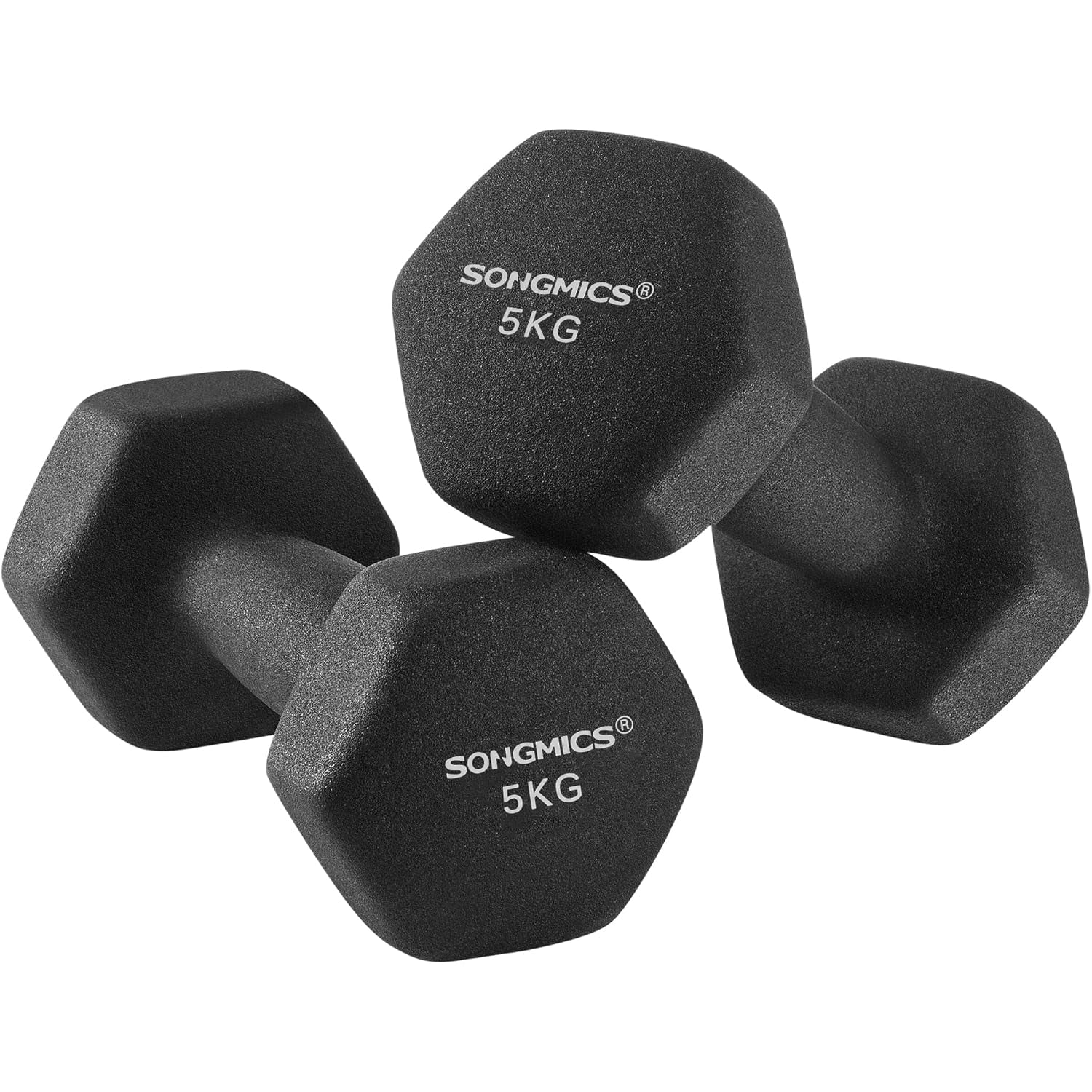 SONGMICS Set gantere hexagonale 2x5 kg, fonta cu invelis neopren, maner ergonomic antialunecare, negru