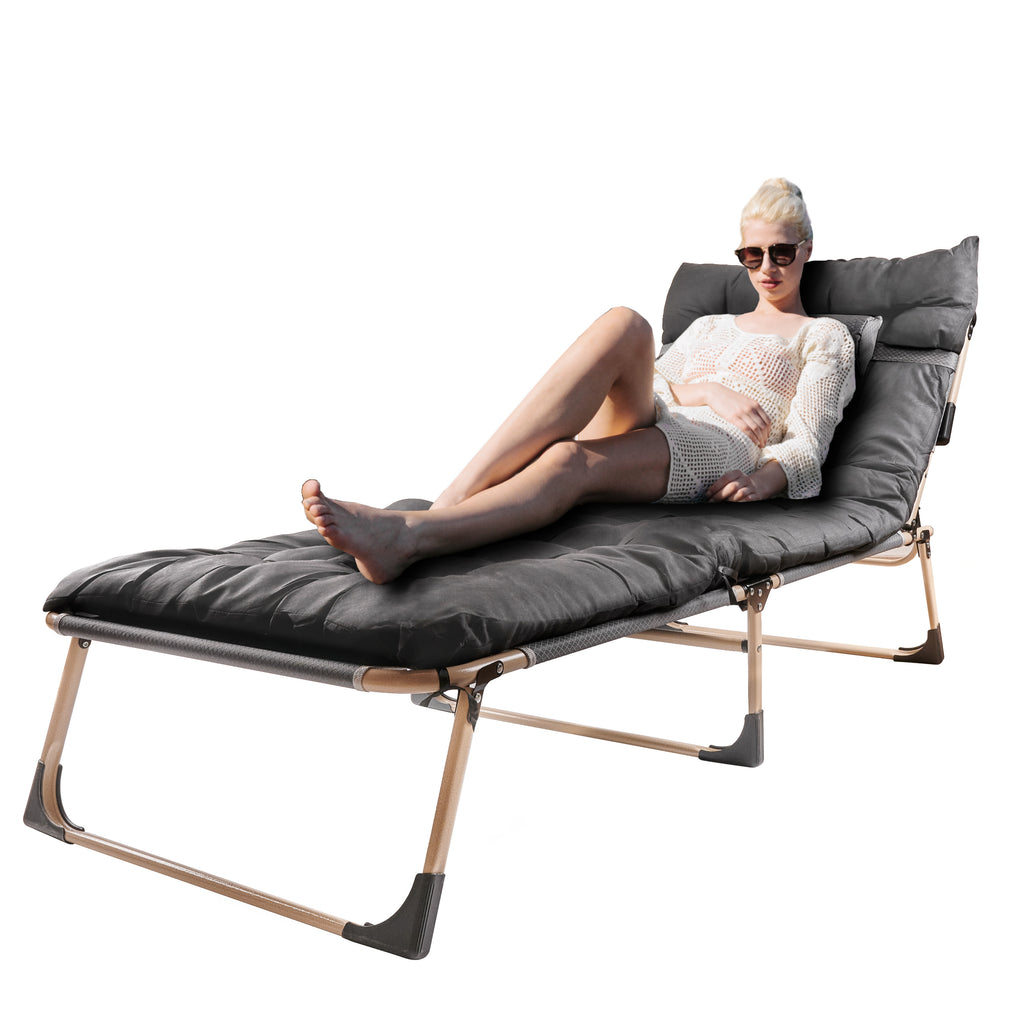 Sezlong pliabil cu 4 trepte, reglaj spatar, otel si material Oxford, 193x66x23 cm, gri