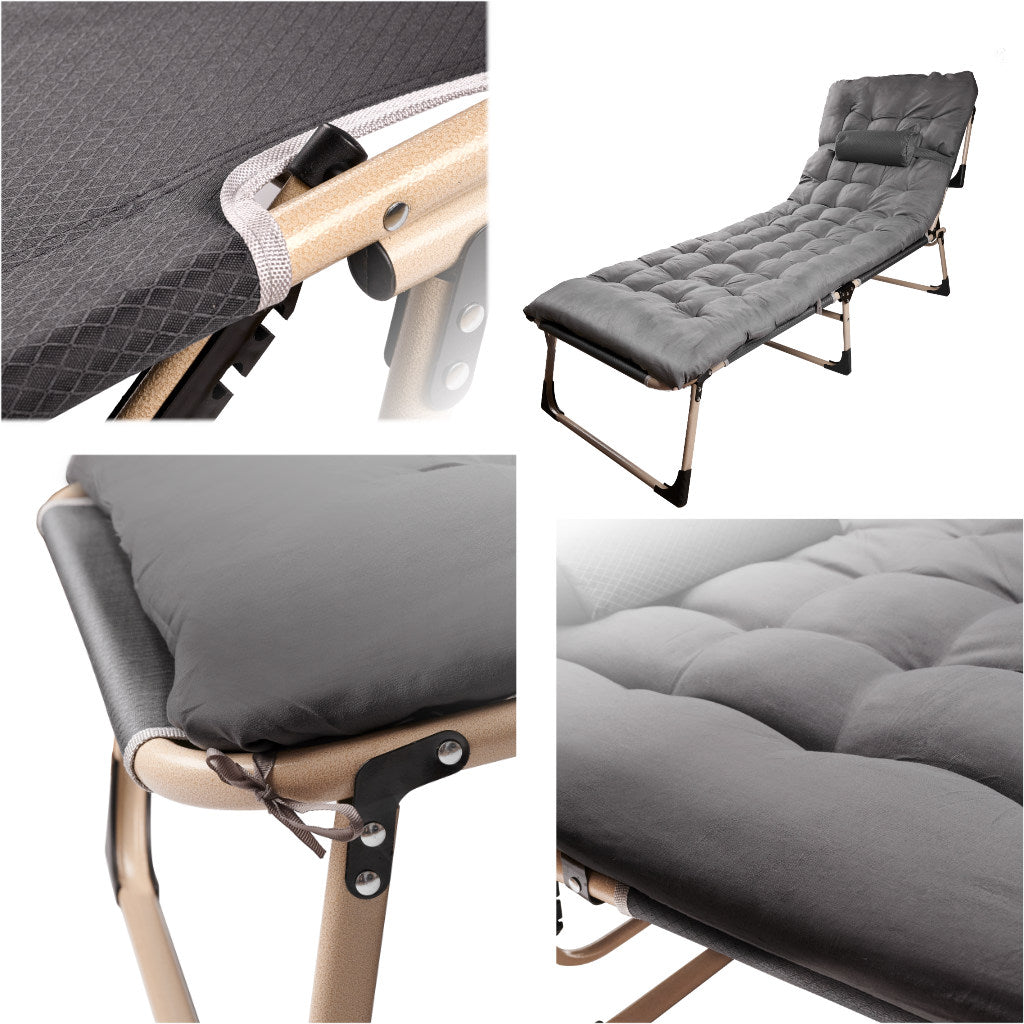Sezlong pliabil cu 4 trepte, reglaj spatar, otel si material Oxford, 193x66x23 cm, gri