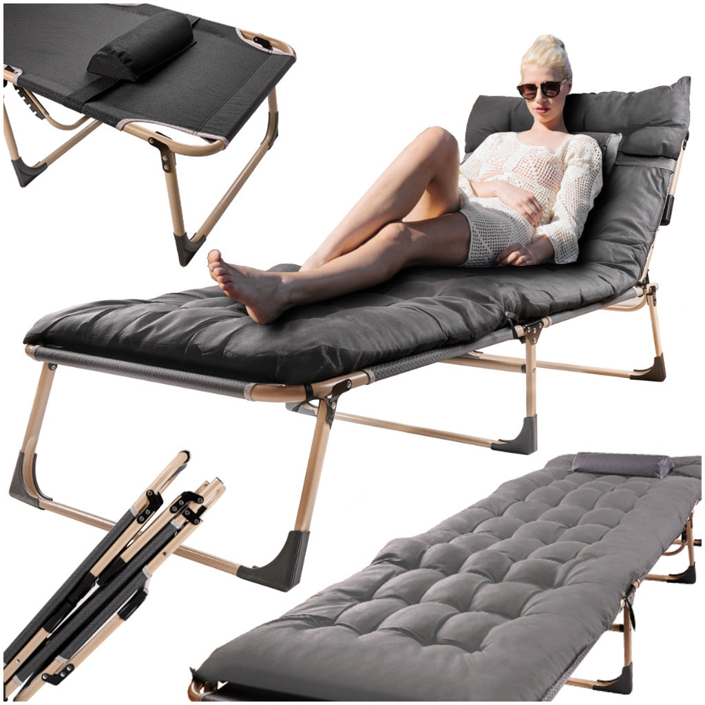 Sezlong pliabil cu 4 trepte, reglaj spatar, otel si material Oxford, 193x66x23 cm, gri