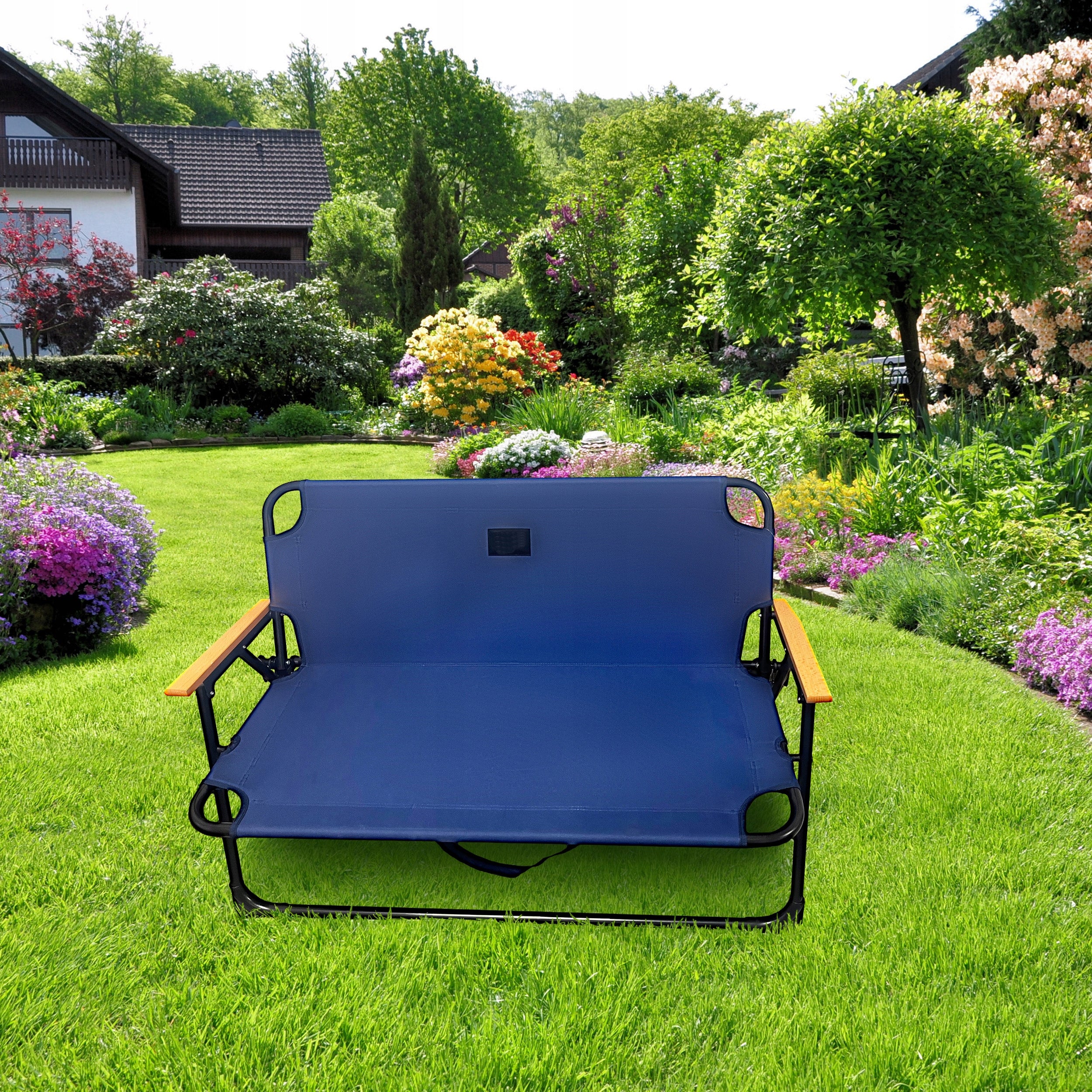 Bancuta pliabila dubla pentru terasa si gradina, structura metalica, 109x64x67 cm, albastru