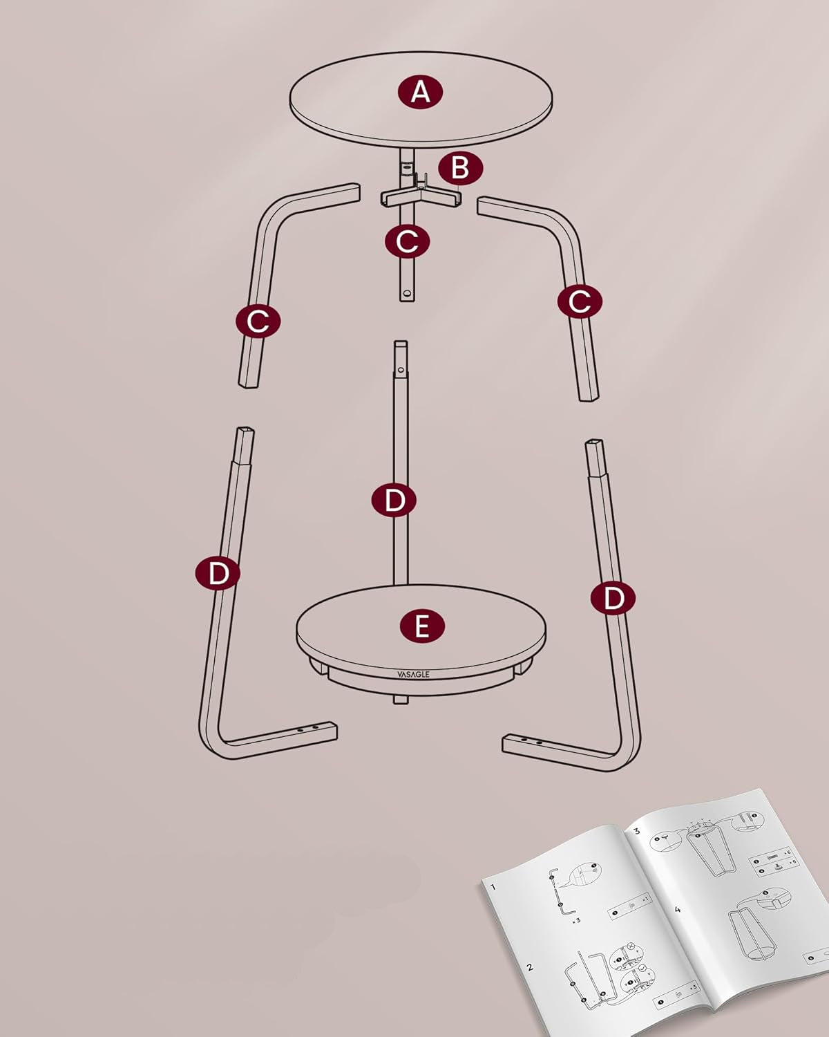 VASAGLE Masuta rotunda tip noptiera, blat din sticla si raft inferior din PAL, cadru metalic, 30x30x55 cm, alb