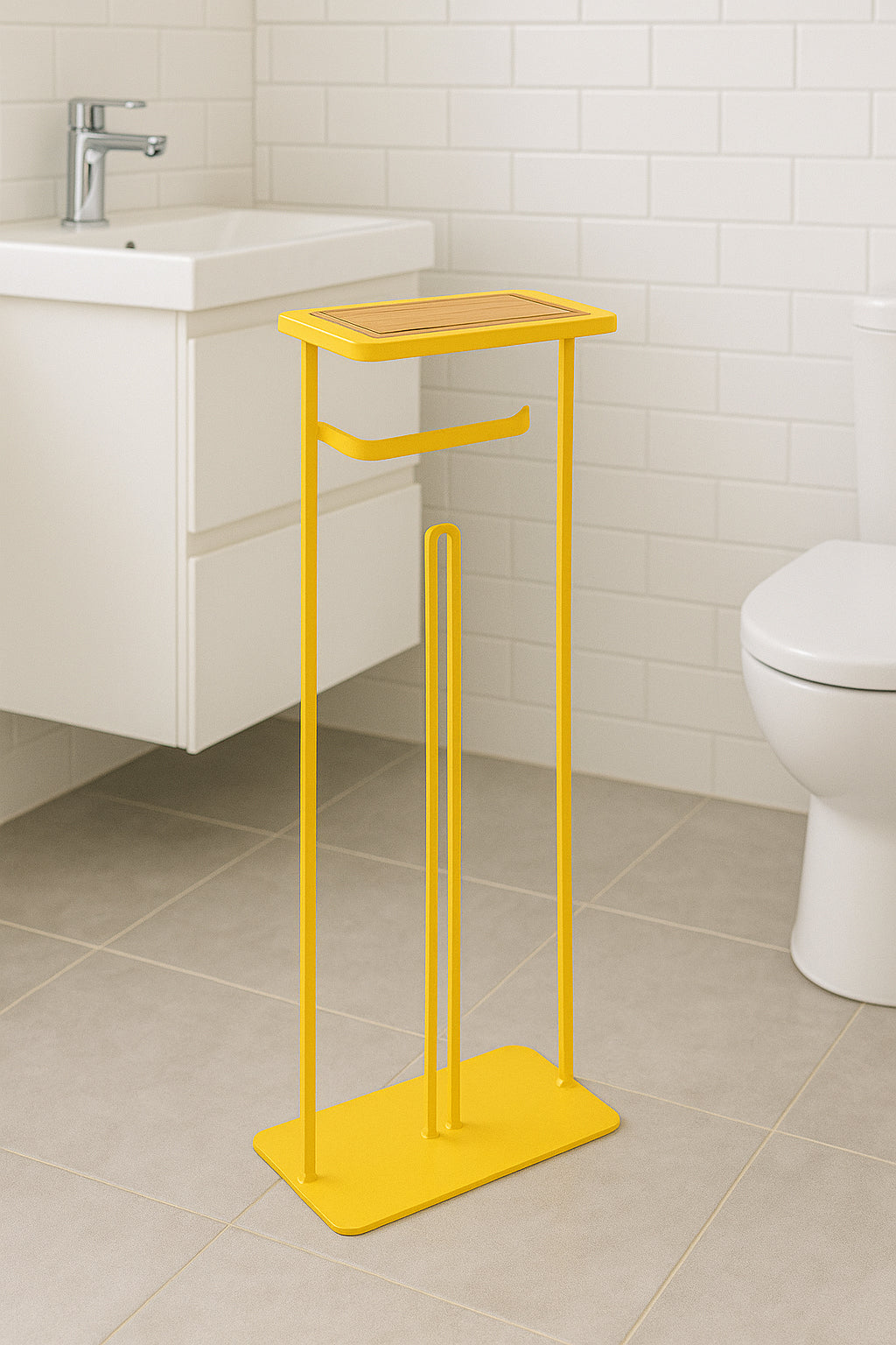 Suport hartie igienica 5Five cu raft depozitare, otel, 18x12x59 cm, galben