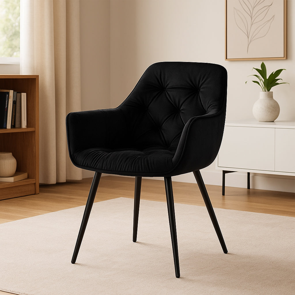 Fotoliu catifea tapitat, cu spatar inalt si design cu cusaturi, 55x60x89 cm, negru