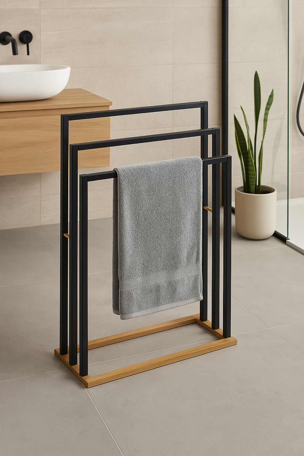 Suport prosoape 5Five Natureo cu 3 brate, 55x24x82 cm, MDF si bambus, negru