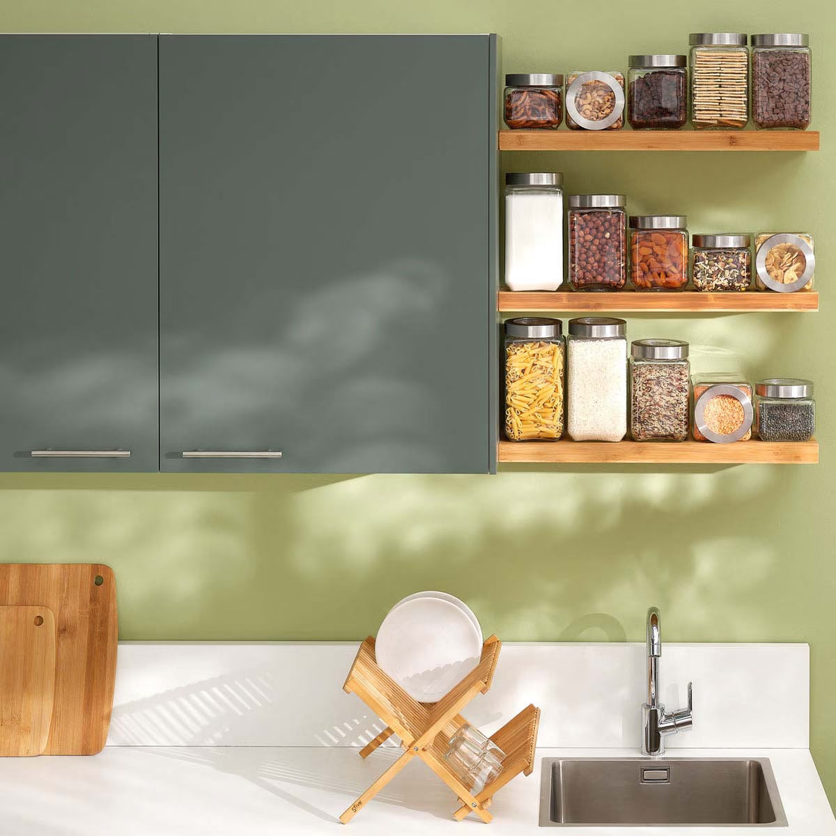 Suport vase pliabil 5Five Bambou, 42x35x25 cm, 2 niveluri, bambus natural, bej