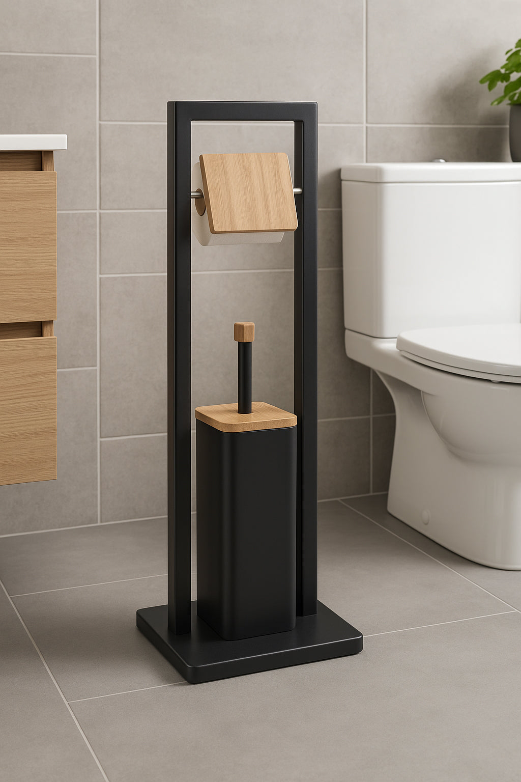 Suport WC cu perie 5Five Natureo, cu suport hartie igienica, metal si bambus, 20x20x80 cm, negru