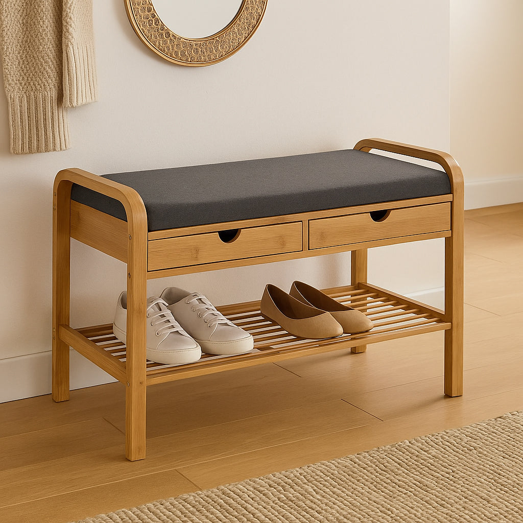 Banca suport pantofi 5Five cu 2 sertare, bambus, 74x34x55 cm, bej