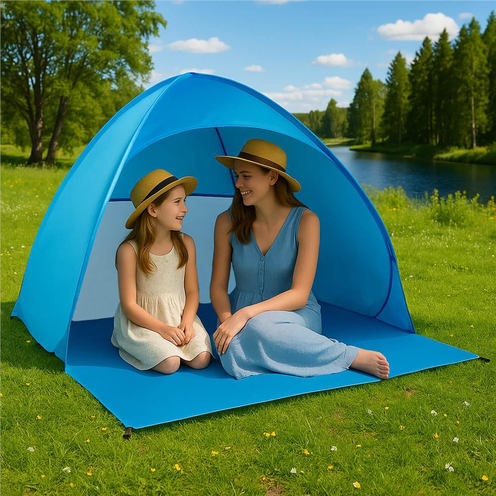Cort plaja autoexpansibil POP-UP cu plasa ventilatie si protectie UV, 160x140x115 cm, albastru