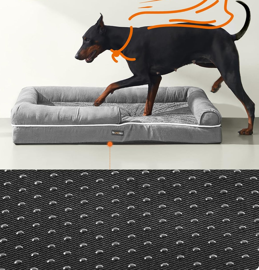 FEANDREA Pat ortopedic pentru caini, cu margini inaltate si husa detasabila, 120x85x20 cm, gri deschis