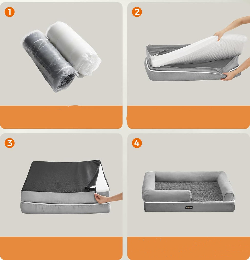 FEANDREA Pat ortopedic pentru caini, cu margini inaltate si husa detasabila, 120x85x20 cm, gri deschis